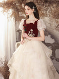 Burgundy Velvet and Champagne Tulle Long Prom Dress, Lovely A-Line Short Sleeve Evening Party Dress HZ0429