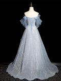 Blue Tulle Sequins Long Prom Dress with Lace, Beautiful Off the Shoulder Evening Party Dress HZ0429