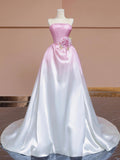 Pink Gradient White Satin Long Prom Dress, Lovely Strapless Evening Party Dress HZ0429