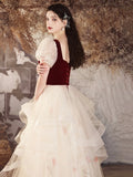Burgundy Velvet and Champagne Tulle Long Prom Dress, Lovely A-Line Short Sleeve Evening Party Dress HZ0429