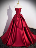 Burgundy Satin Strapless Long Prom Dress, Beautiful A-Line Evening Party Dress HZ0429