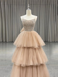 Beautiful Tulle Layers Long Party Dress with Beaded, A-Line Beige Spaghetti Strap Evening Dress HZ0429