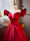 Dark Red Satin Long Prom Dress, Off the Shoulder A-Line Formal Evening Dress HZ0429