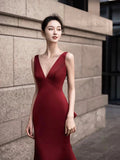 Burgundy V-Neck Satin Long Prom Dress, Elegant Backless Evening Party Dress HZ0429