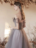 Gray Tulle Beaded Long Prom Dress, Beautiful Off the Shoulder Evening Party Dress HZ0429