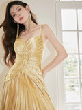 Unique Spaghetti Straps Satin Long Prom Dress, Gold V-Neck Backless Evening Party Dress HZ0429