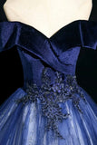 Blue Velvet and Tulle Long Formal Dress, Beautiful Off the Shoulder Prom Party Dress HZ0429