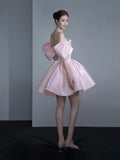 Pink Satin Knee Length Prom Dress, Lovely A-Line Off the Shoulder Party Dress HZ0429
