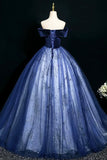 Blue Velvet and Tulle Long Formal Dress, Beautiful Off the Shoulder Prom Party Dress HZ0429