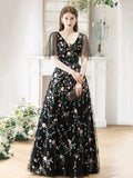 Black V-Neck Tulle Sequins Long Prom Dress, Black A-Line Evening Party Dress HZ0429