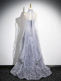 Shiny Tulle Sequins Floor Length Prom Dress,  Gray A-Line Evening Party Dress HZ0429