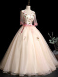 Champagne V-Neck Tulle Lace Long Prom Dress, A-Line Lovely Evening Party Dress HZ0429