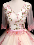 Champagne V-Neck Tulle Lace Long Prom Dress, A-Line Lovely Evening Party Dress HZ0429