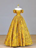 Yellow Printed Pattern Floor Length Prom Dress, Elegant Off the Shoulder Formal Dress HZ0429