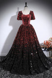 Burgundy Black Ombre Sequin Ball Gown Puff Sleeve Square Neck Prom Dress HZ0429