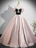 Black Velvet and Pink Satin Floor Length Prom Dress, Lovely A-Line Party Dress HZ0429