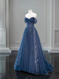 Nave Tulle Floor Length Prom Dress, Beautiful Off the Shoulder Backless Evening Dress HZ0429