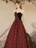 Elegant Rose Pattern Satin Long Prom Dress with Velvet, A-Line Strapless Formal Evening Dress HZ0429