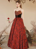 Burgundy Satin Sequins Long Prom Dress, Elegant A-Line Strapless Formal Party Dress HZ0429