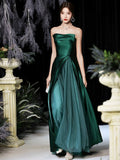 Dark Green Satin Long Prom Dress, Beautiful A-Line Strapless Evening Party Dress HZ0429