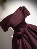 Dark Burgundy Satin Long Prom Dress, Elegant A-Line Off the Shoulder Evening Party Dress HZ0429