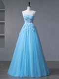 Blue Spaghetti Strap Tulle Floor Length Prom Dress, Blue A-Line Party Dress HZ0429