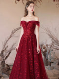 Burgundy Tulle Sequins Floor Length Prom Dress, Off the Shoulder Evening Party Dress HZ0429