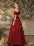 Burgundy Satin Beaded Floor Length Prom Dress, Off the Shoulder Evening Party Dress HZ0429