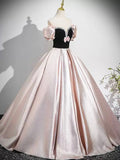 Black Velvet and Pink Satin Floor Length Prom Dress, Lovely A-Line Party Dress HZ0429