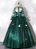 Dark Green Tulle Floor Length Prom Dress with Butterfly Appliques, A-Line Long Sleeve Evening Party Dress HZ0429