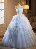 Blue Spaghetti Strap Tulle Lace Long Prom Dress, Beautiful A-Line Party Gown HZ0429
