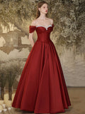 Burgundy Satin Beaded Floor Length Prom Dress, Off the Shoulder Evening Party Dress HZ0429