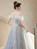 Cute Tulle Lace Long Prom Dress, Light Blue Tulle Off Shoulder Evening Dress HZ0429