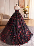 Black Tulle and Red Sequins Long Pom Dress, Beautiful A-Line Strapless Formal Evening Dress HZ0429