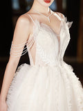 White V-Neck Tulle Beaded Long Prom Dress, Beautiful A-Line Formal Evening Dress HZ0429