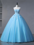Blue Spaghetti Strap Tulle Floor Length Prom Dress, Blue A-Line Party Dress HZ0429