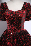 Burgundy Black Ombre Sequin Ball Gown Puff Sleeve Square Neck Prom Dress HZ0429