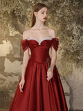 Burgundy Satin Beaded Floor Length Prom Dress, Off the Shoulder Evening Party Dress HZ0429