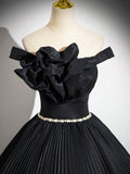 Black Pleated Long A-line Party Gown with Rhinestone Sash, Elegant Off the Shoulder Formal Evening Dress HZ0429