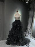 Black Tulle and Sequins Long Prom Dress, A-Line Halter Neck Evening Party Dress HZ0429
