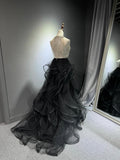 Black Tulle and Sequins Long Prom Dress, A-Line Halter Neck Evening Party Dress HZ0429