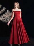 Burgundy Satin Long Prom Dress, Beautiful A-Line Off the Shoulder Evening Party Dress HZ0429