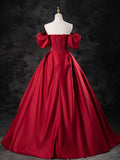 Burgundy Satin Off the Shoulder Formal Dress, A-Line Burgundy Evening Dress HZ0429