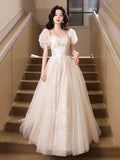 Champagne Off the Shoulder Long Prom Dress, Beautiful A-Line Evening Party Dress HZ0429