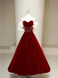 Burgundy Velvet Long Prom Dress, Elegant Off the Shoulder Party Dress HZ0429