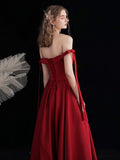 Burgundy Satin Long Prom Dress, Beautiful A-Line Off the Shoulder Evening Party Dress HZ0429