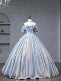 Blue Tulle Sequins Long Formal Dress, Off the Shoulder Princess Dress Sweet 16 Dress HZ0429
