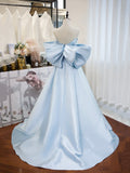 Blue Satin Long Prom Dress, A-Line Off the Shoulder Evening Party Dress HZ0429