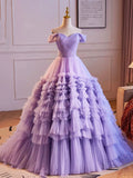 Purple Tulle Off the Shoulder Prom Dress, A-Line V-Neck Floor Length Formal Dress HZ0429