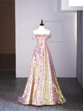 Sparkly Sequins Off the Shoulder Floor Length Prom Dress, A-Line Evening Party Dress HZ0429